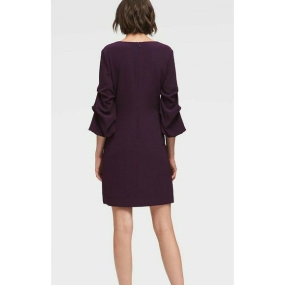 DKNY Aubergine Purple V-Neck Ruched 3/4 Sleeve Shift Dress sz 12 NEW NWT Women's - Picture 2 of 9